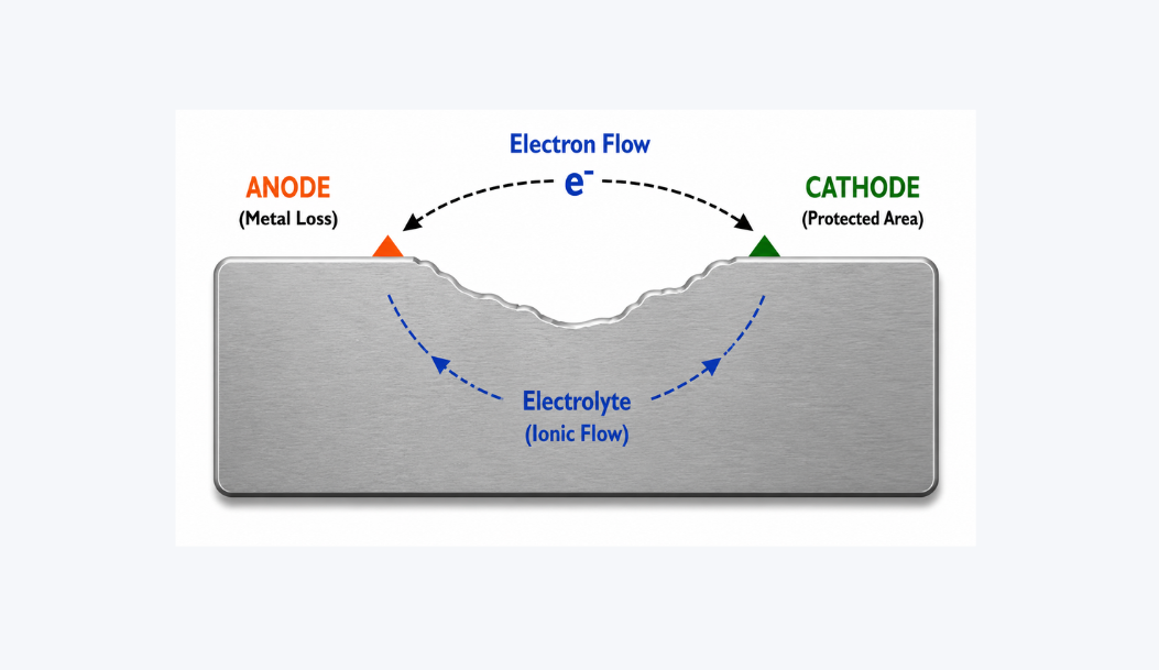 Electrochemical cell diagram showing anodic and cathodic reactions on steel