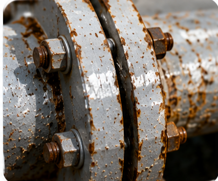 Localized pitting corrosion forming deep cavities on metal surface